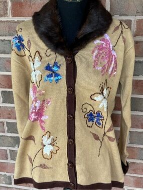 Vtg Storybook Knits Sequin Floral Cardigan Faux Fur Trim HSN Sweater Small S M